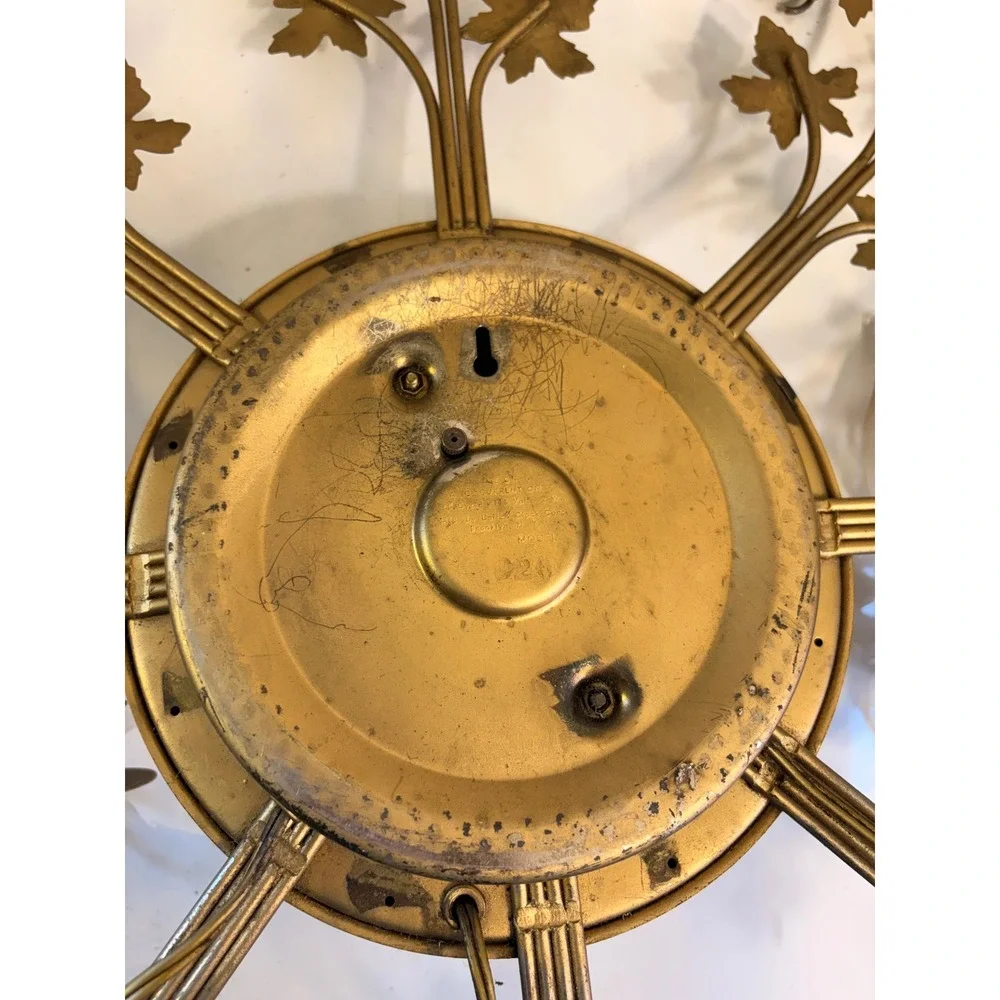 Vintage United Clock Corp Gold Metal Maple Leaf Sunburst Wall Clock Sconce 324